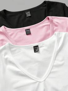 SHEIN EZwear 3件套女士深V领紧身休闲长袖T恤套装，黑色/粉色/白色，适合秋冬 - 彩色 - 查看 4