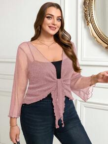 SHEIN Clasi Hollow Lace-Up Ruffles Hem Cropped Cardigan With Puff Sleeves, Festival Costume Plus Size Tops For Women