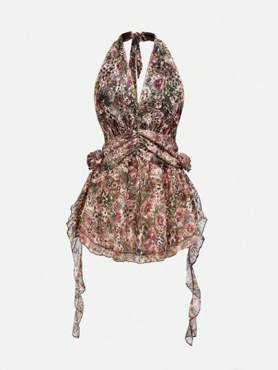 J-Fashion فستان قصير أسيمتري الظهر بطبعة نمر لونه وردي فاتح وطرف دانتيل للألفية، طراز Y2k