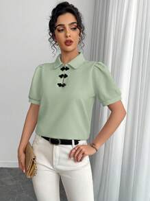 Chiquease Vintage Chinese Style Button Decor Short Sleeve Shirt - Green - View 7