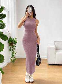 SHEIN EZwear Distressed Snow Washed Print Sleeveless Mid-Calf Dress,Shirt Dresses For Women - Dusty Purple - View 4