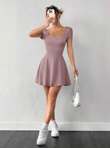 SHEIN EZwear 女士浅灰紫色针织短款休闲连衣裙，夏季 - 淺灰紫 - 查看 5