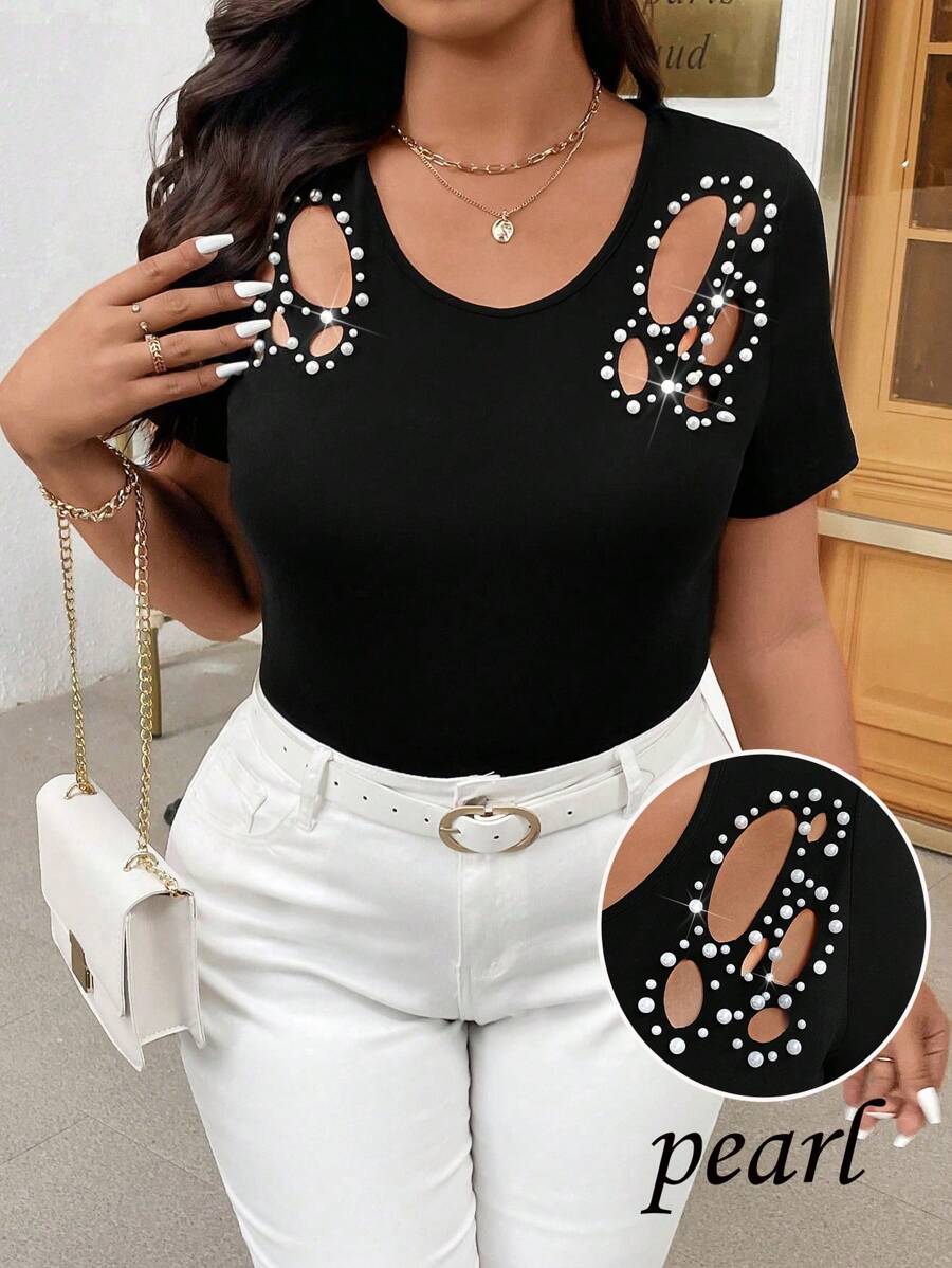 Celure Plus Size Women Elegant Knit Short Sleeve Embroidered Beaded Decor Slim Fit Black Bodysuit - Black - View 1