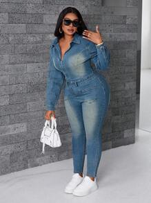 SHEIN EZwear Plus Size Distressed Denim Jumpsuit With Zipper Placket, Casual & Everyday Wear - Medium Wash - View 6