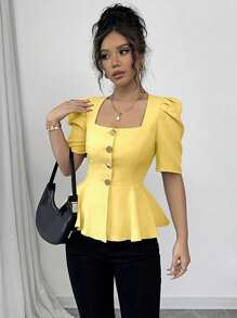 Elenzga 女式夏季衬衫，方形领口，短袖，金属纽扣装饰，破洞拼接下摆，收腰，梭织面料，日常时尚优雅 - 黃色 - 查看 5