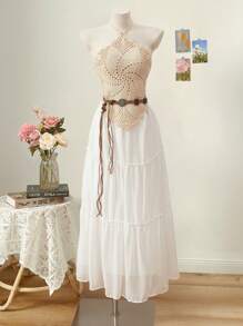 SHEIN MOD 1pc Women Neck Hanging Crochet Solid Color Casual Vacation Sleeveless Cover Up Top,Vacation Outfits Women For Summer