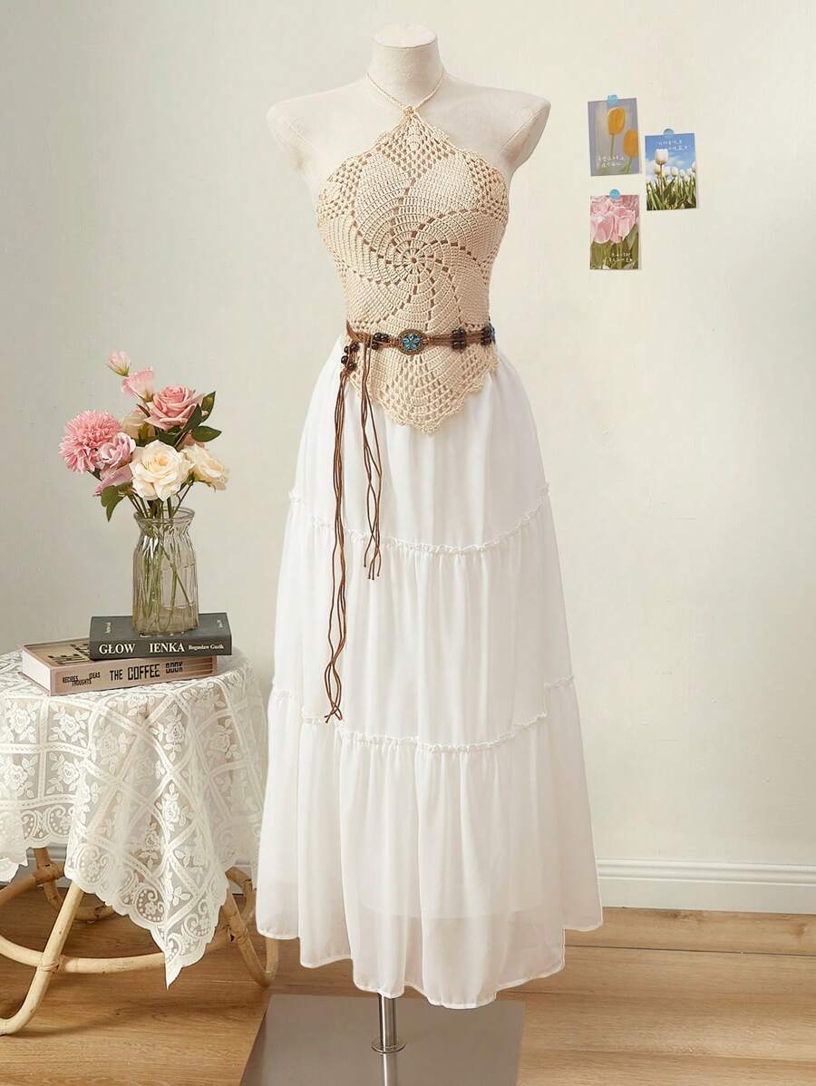 SHEIN MOD 1pc Women Neck Hanging Crochet Solid Color Casual Vacation Sleeveless Cover Up Top,Vacation Outfits Women For Summer