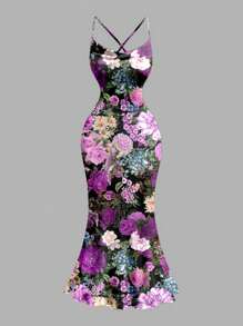 SHEIN SXY Summer Elegant Floral All-Over Print Backless Halter Mermaid Dress - Multicolor - View 8