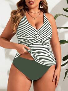 Swim Lushoire Plus Size Camisole Style Bikini Top, Fashionable For Summer - Army Green - View 1