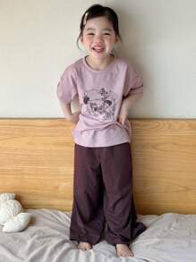 Dazy Kids 年轻女孩短袖圆领T恤和长裤时尚休闲夏季家居服套装 - 紫色 - 查看 4