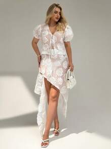 Auralis Falda elegante de oficina con borde asimétrico bordado, para invitada de boda, graduación, iglesia, brunch, talla grande, estilo fairycore, luna de miel, vacaciones en la isla, cumpleaños, blanco