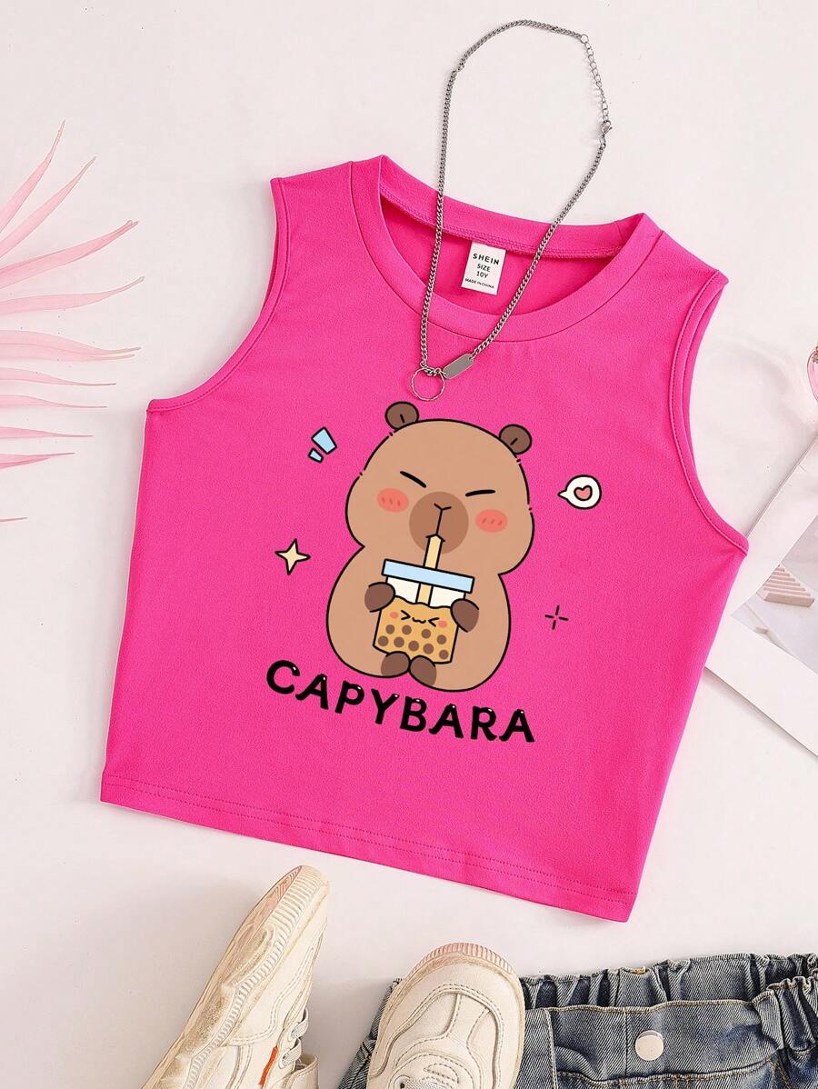 Tween Girl Cute Capybara Boba Tea Print Round Neck Pink Top - Hot Pink - View 1
