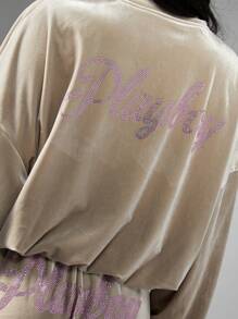 Missguided x Playboy Velour Tracksuit Bomber Style Half Zip Jacket With Rhinestone Embellishment Athletic Loungewear Cozy Casual Fall Winter Sports Wear - Light Grey - View 7