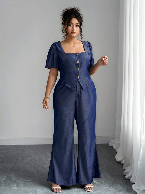 Elenzga Plus Size Women's Denim Effect Button-Up Short Sleeve Shirt And High Waist Wide Leg Pants Elastic Waist Casual 2 Pieces Suit Set, Elegant And Commuter Friendly, Spring/Summer