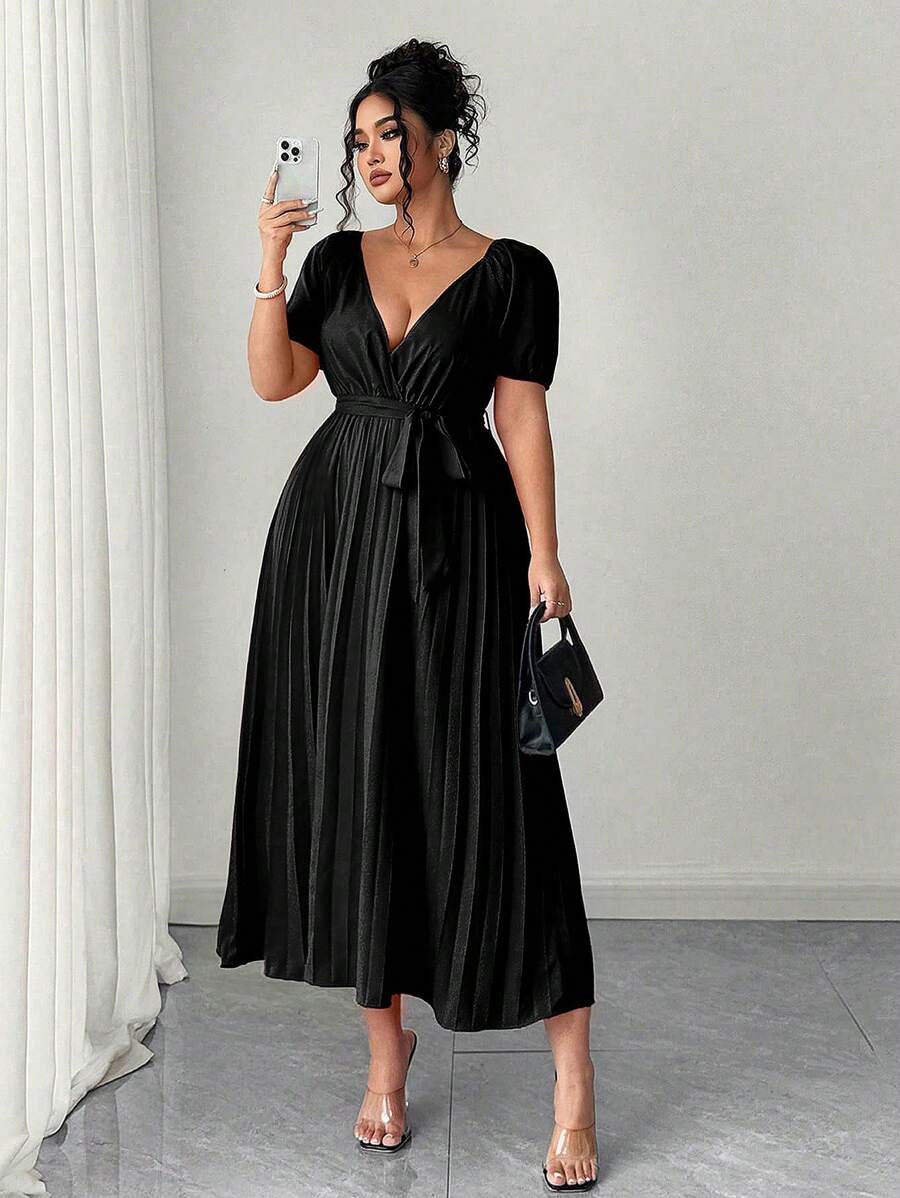 Elenzga 大码女式夏季优雅V领收腰垂坠裙连衣裙