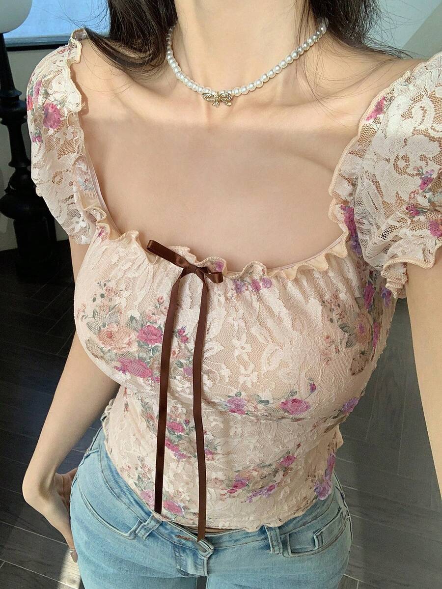 DAZY 春夏碎花蕾丝衬衫,优雅百搭,适合情人节、婚礼、派对、时尚活动等场合,修身剪裁,透视网纱方领短袖上衣,波西米亚风女装 - 淺粉色 - 查看 1