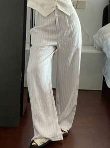 DAZY Women's Casual Loose Straight Leg Striped Patchwork Pants Linen Fall - White - View 6