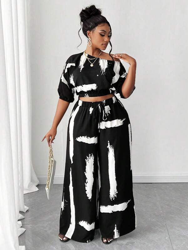 Maweii Plus Size Asymmetric Collar Printed Short Sleeve 2 Pieces Set For Summer