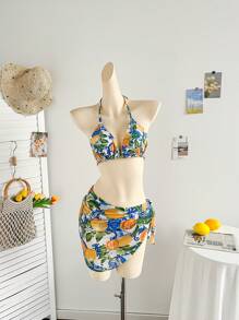 Soleia 3pcs/Set Fruit Print Bikini Set For Beach Vacation