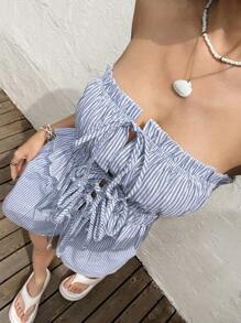 SHEIN EZwear Women Two Pieces Outfits For Daily Wear - Blue and White - View 3