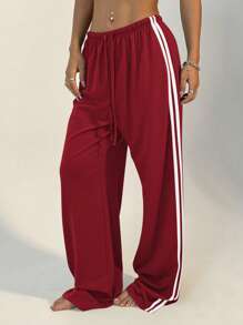 StreetHx Drawstring Straight Leg Sweatpants, Solid Color, Fashion Suitable For Summer Fall Cloth For Women - Burgundy - View 4
