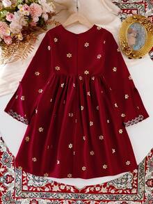 Young Girl Maroon Middle Eastern Eid Al-Fitr Zip Up Long Sleeve Waisted Gold Floral Print Robe, Fancy Summer Gown Royal Dress For Girls - Burgundy - View 2