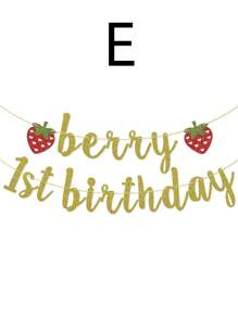 SHEIN 1 件草莓生日派对旗帜展示，生日快乐草莓闪光旗帜展示，生日派对，生日礼物，派对和聚会装饰，室内和室外布置 - 彩色 - 查看 4