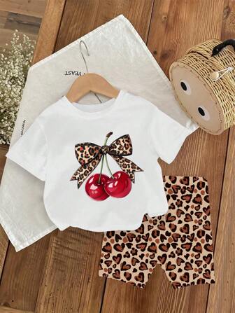 WESTFADE Young Baby Girl Cherry Print Short Sleeve T-Shirt And Leopard Print Shorts Set