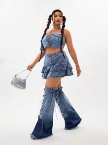 SHEIN ICON Two Ways To Wear Plus Size Women Summer Fashionable Single-Breasted High Waist Ruffle Hem Denim Mini Skirt & Stockings 2Pcs Set For Plus Size Women Summer Outfits For Women Festival Outfits Cowboy Outfits For Women Jean Two Pieces Set Women Summer Outfits - Medium Wash - View 2