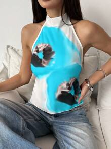 SHEIN EZwear ملابس علوية حريمي ذات ياقة مرتفعة وظهر مكشوف، وألوان متباينة، صيفي