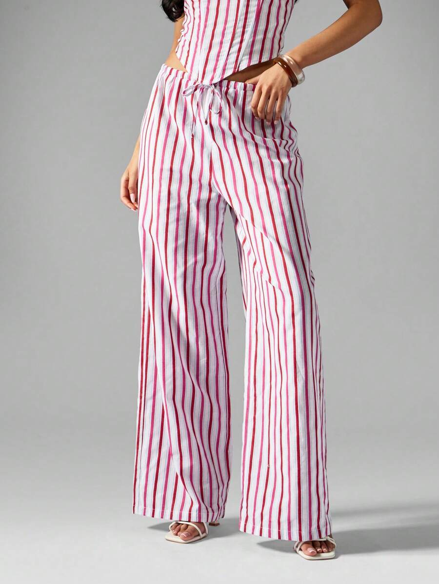 MISSGUIDED Stripe Wide Leg Trousers With Drawstring Christmas - Red - View 1