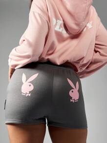Missguided x Playboy 抽绳运动休闲短裤高腰健身跑步健身房训练宽松运动裤室内户外活动休闲日常穿着 - 灰色 - 查看 4