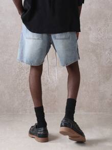 SUMWON Quần short denim ống rộng thoải mái có khóa bấm bên hông cao cấp mùa hè thường ngày đi biển dạo phố mặc hàng ngày quần short jean sáng màu rách vừa vặn rộng rãi - Màu xanh lam - Xem 5