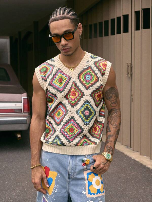 AXEPEAK Multi-Color Floral Pattern Men's Summer Casual Knit Tank Top, Streetwear Inspired