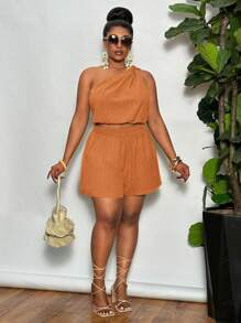 Slaydiva 大码两件套女士休闲夏日度假装 - 纯色无袖扭纹下摆短款上衣和口袋短裤，梭织面料 - 橘色 - 查看 5