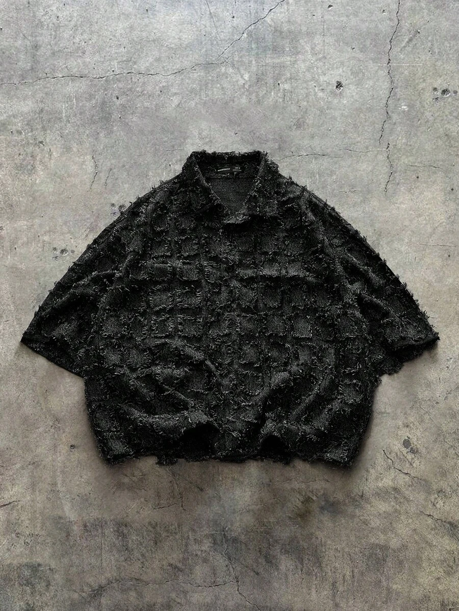 AXEPEAK 男士格纹梭织短袖短款衬衫，适合夏季，街头风版