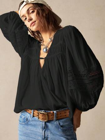 Bohemela 休闲纯色宽松V领七分袖女式衬衫