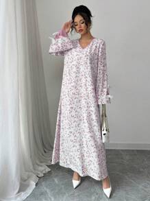 Yasmyna Women's Woven Print Bowknot Loose Long Sleeve Arabic Dress - Pink - View 4