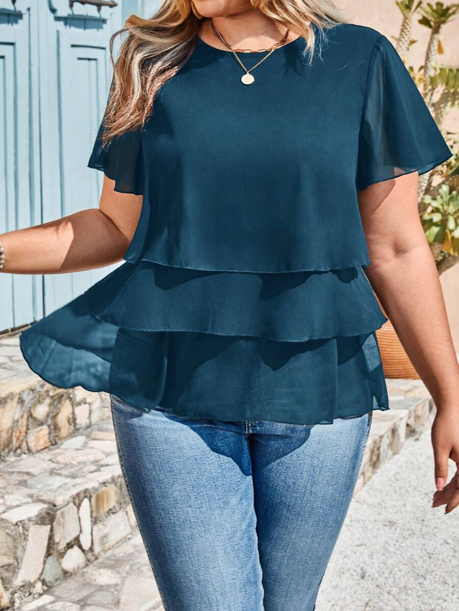 SHEIN LUNE Áo cánh tay ngắn dáng rộng bèo nhún cỡ lớn dành cho nữ, thanh lịch khi đi làm, đi chơi, mùa hè, ngày lễ thánh Patrick, lễ Phục sinh, mùa hè, mùa xuân, bãi biển, lễ Phục sinh, bộ đồ mặc nhà dành cho phụ nữ, kỳ nghỉ hè, lễ hội Rave Phục sinh, phong cách Boho Country - Màu xanh ngọc - Xem 1