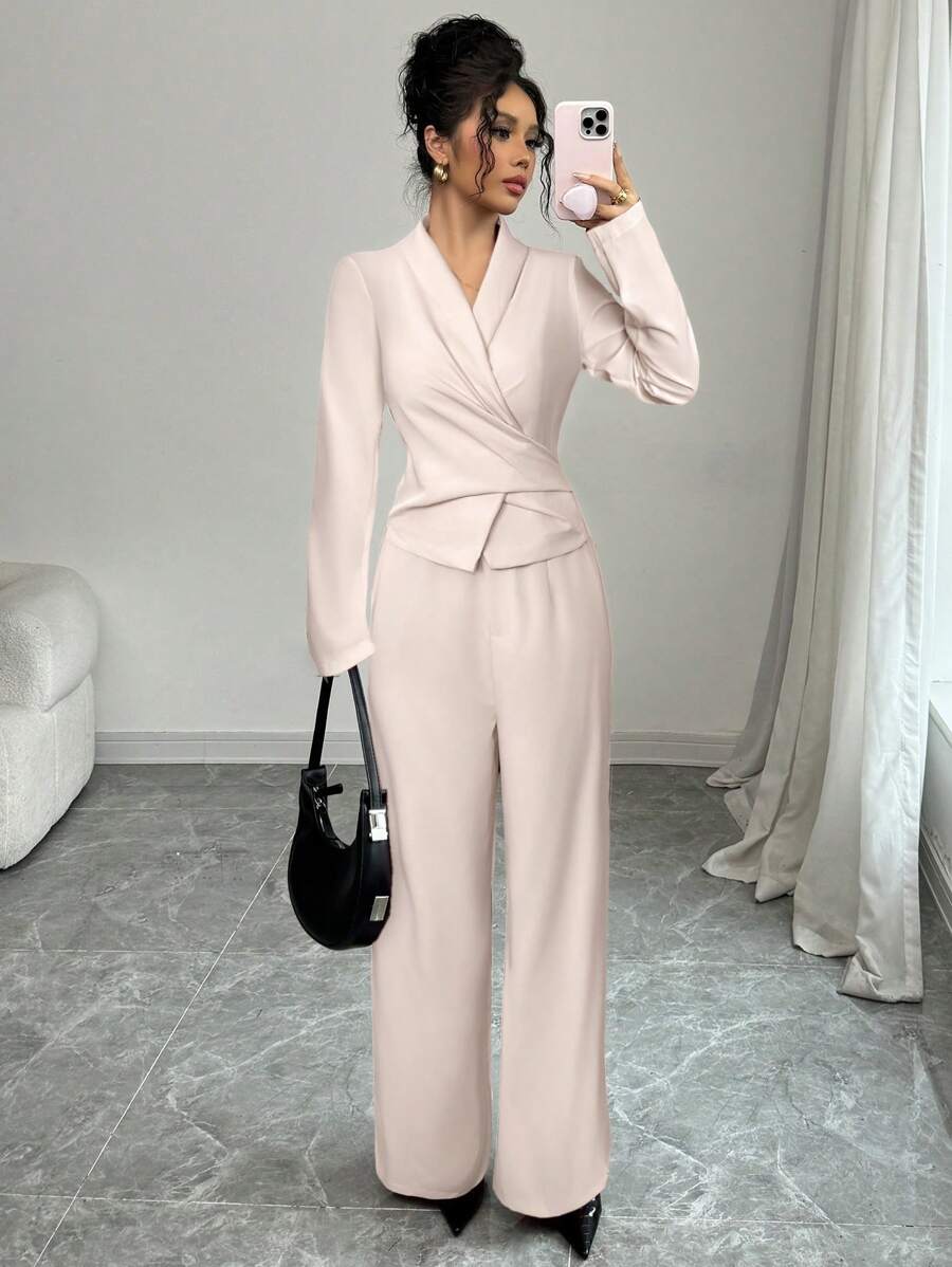 SHEIN Clasi Solid Color Shawl Neck Criss-Cross Wrap Tie Bow Back Elegant Women Jumpsuit Fall Cloth For Women - Apricot - View 1