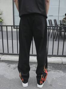 Manfinity Roghcode 男式休闲撞色火焰印花牛仔裤 - 黑色 - 查看 7