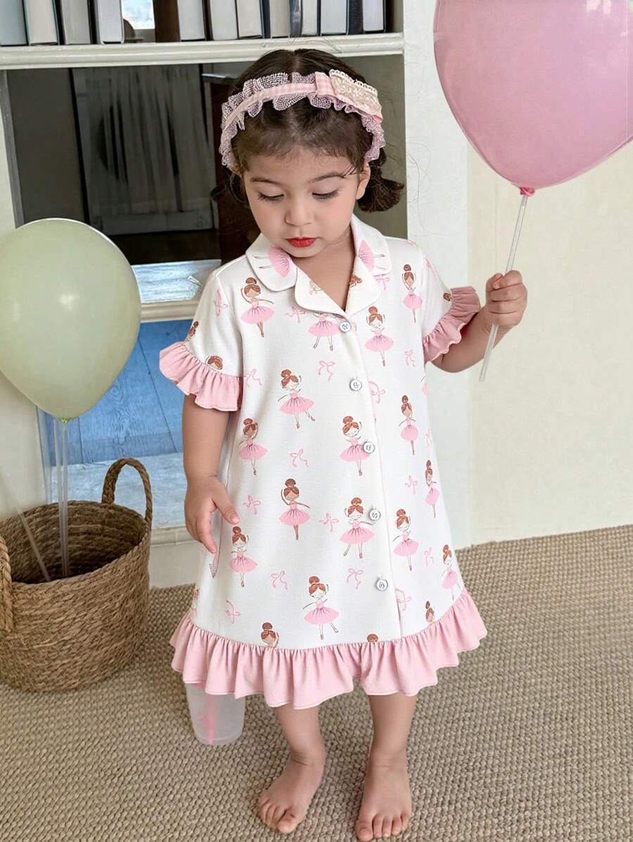 Dozemod Baby Girl Baby Girl Cute Cartoon Pattern Collar Short Sleeve Ruffle Trim Loose Nightgown, Suitable For Daily Wear, Suitable For Outing And Home - Pink - View 1