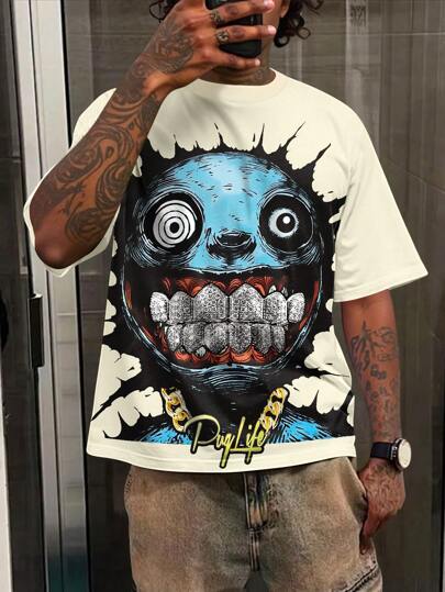 Manfinity Streetrush Men's Slogan & Cartoon Print Casual Crew Neck Short Sleeve T-Shirt Graphic Tees Funny