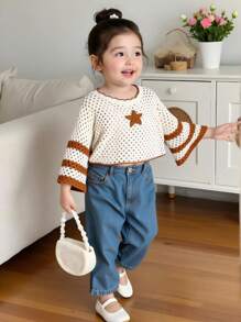 Girls' Semi-Sheer Knitwear Sweater: Round Neck Long Flare Sleeves And Short Length With Brown Stripes Featuring A Star Applique On The Chest In Cropped Hollow Out Design - Brown - View 1