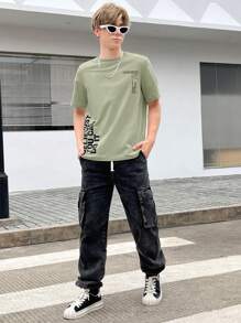SHEIN 青少年男孩休闲柔软针织简约实用百搭短袖 T 恤，适合外出 - 軍綠色 - 查看 6