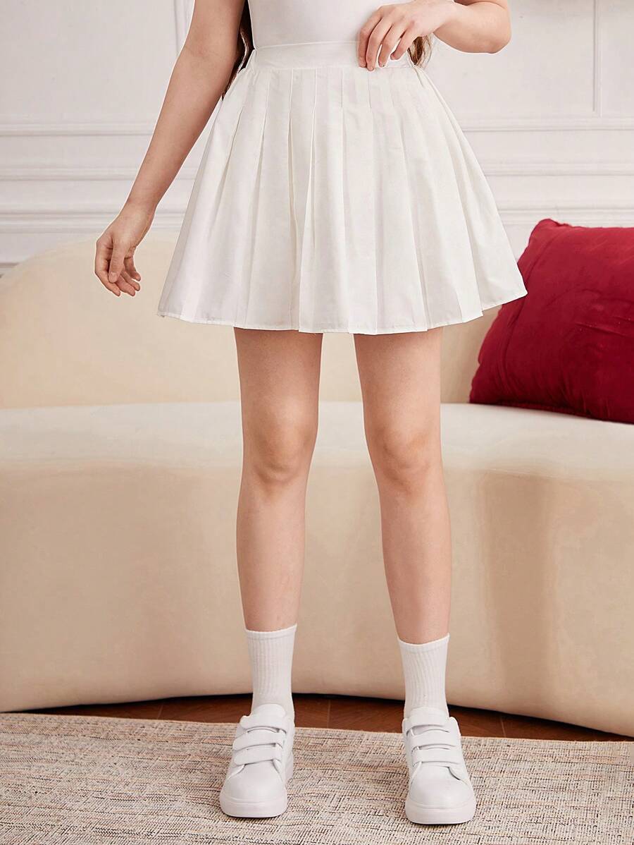 少女褶皱高腰裙配短裤，二合一裙裤，百搭夏季单品，可搭配衬衫、T 恤、 Polo 衫 - 白色 - 查看 1