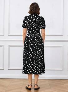 SHEIN LUNE Women's Summer Elegant Polka Dot Print Mid-Length Dress, Graceful Ladies Dress - Black and White - View 2