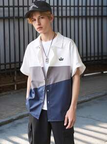 SHEIN Vacaura Teenage Boys' Stylish Contrast Color Splice Short Sleeve Casual Polo Shirts, Summer - Multicolor - View 3