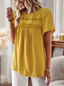 EMERY ROSE Women's Summer Swiss Dot Patchwork Lace Short Sleeve Blouse - Yellow - View 5