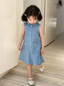 SHEIN 年轻女孩休闲牛仔领纽扣前无袖连衣裙 - 藍色 - 查看 7
